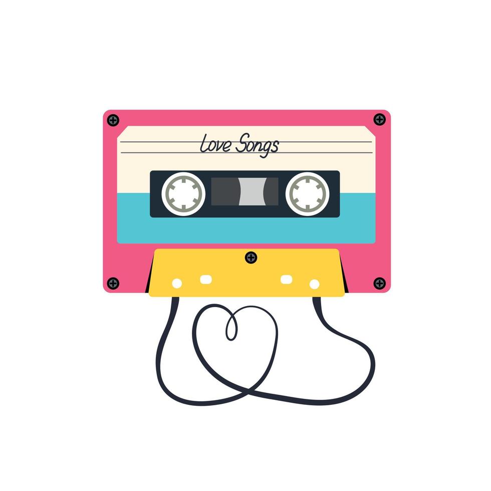 Audio cassette tape love songs isolated on a white background. Trendy 80s 90s vector illustration.