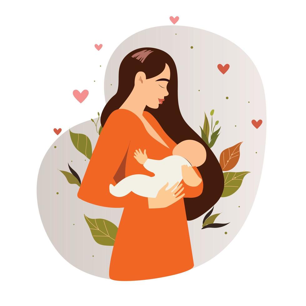 Woman holding baby in her arms. Pregnancy and breastfeeding concept. Vector illustration.