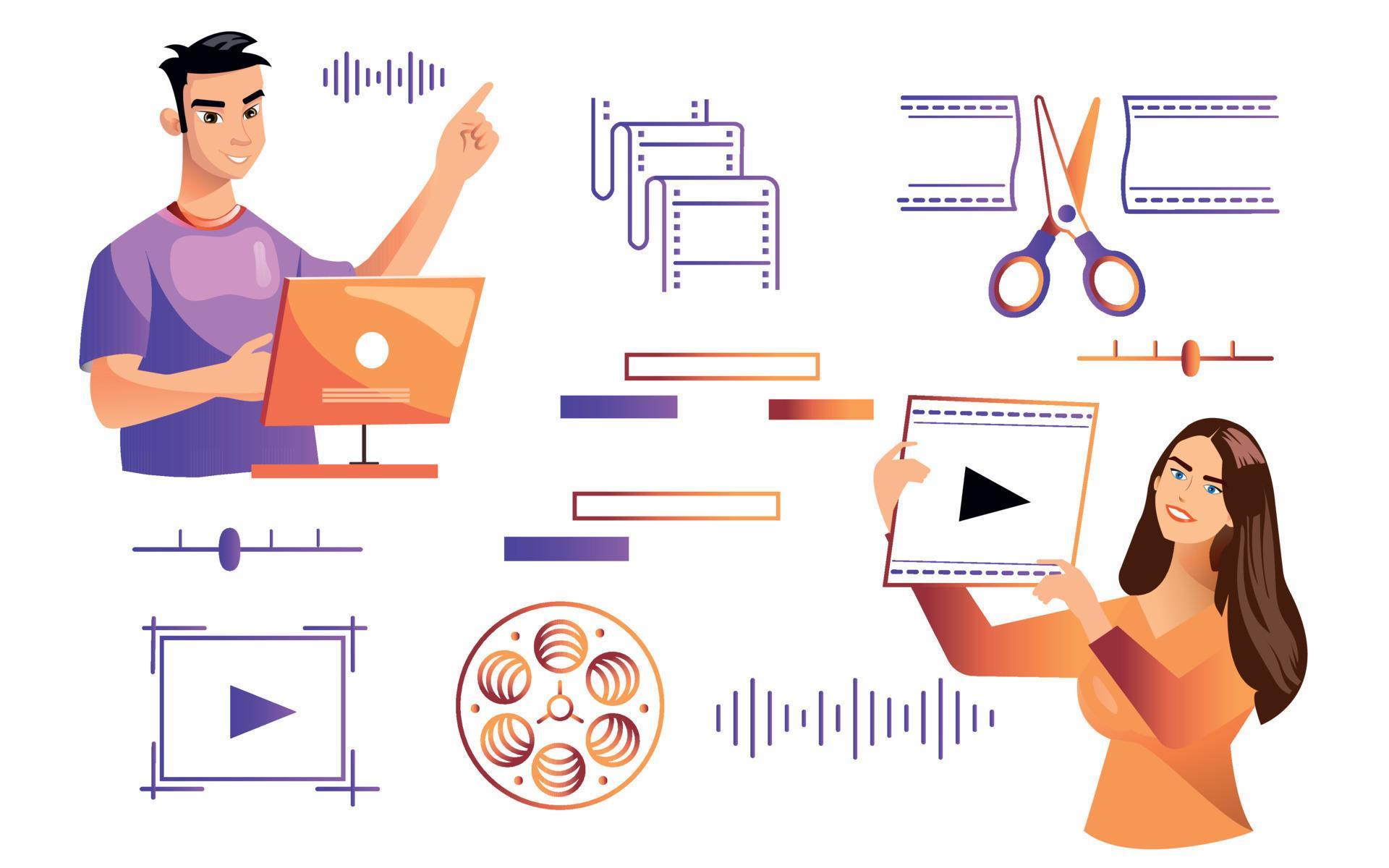 Video editing doodle concept. Motion designer or animator holding film