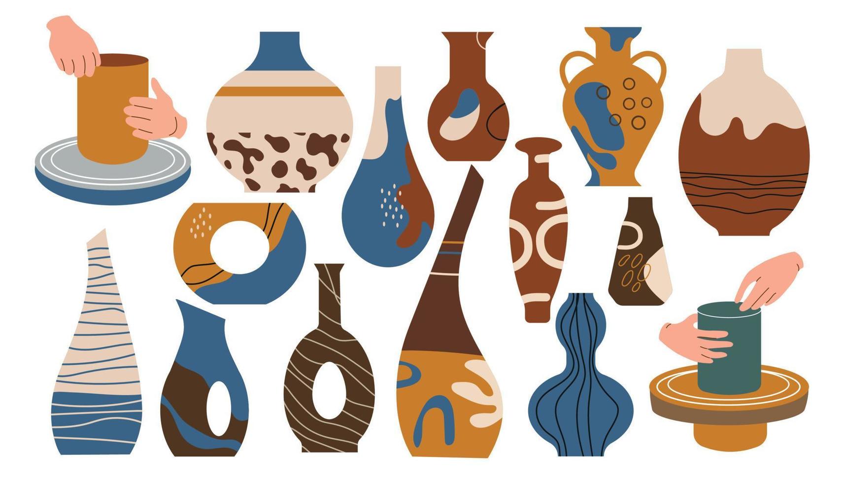 Various ceramic Vases. Different shapes. Pottery workshop, pottery wheel. Hand drawn Vector set. Trendy illustration.