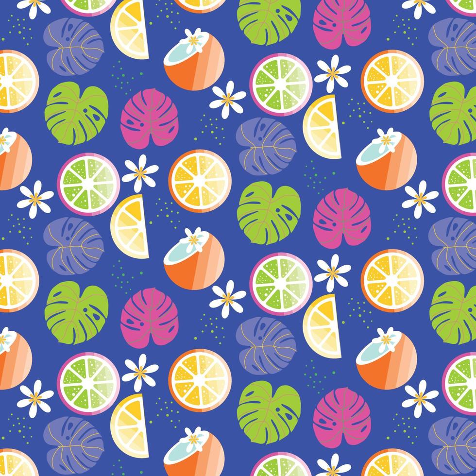 tropical verano frutas sin costura modelo. tela diseño con naranjas, limones, cocos y flores vector