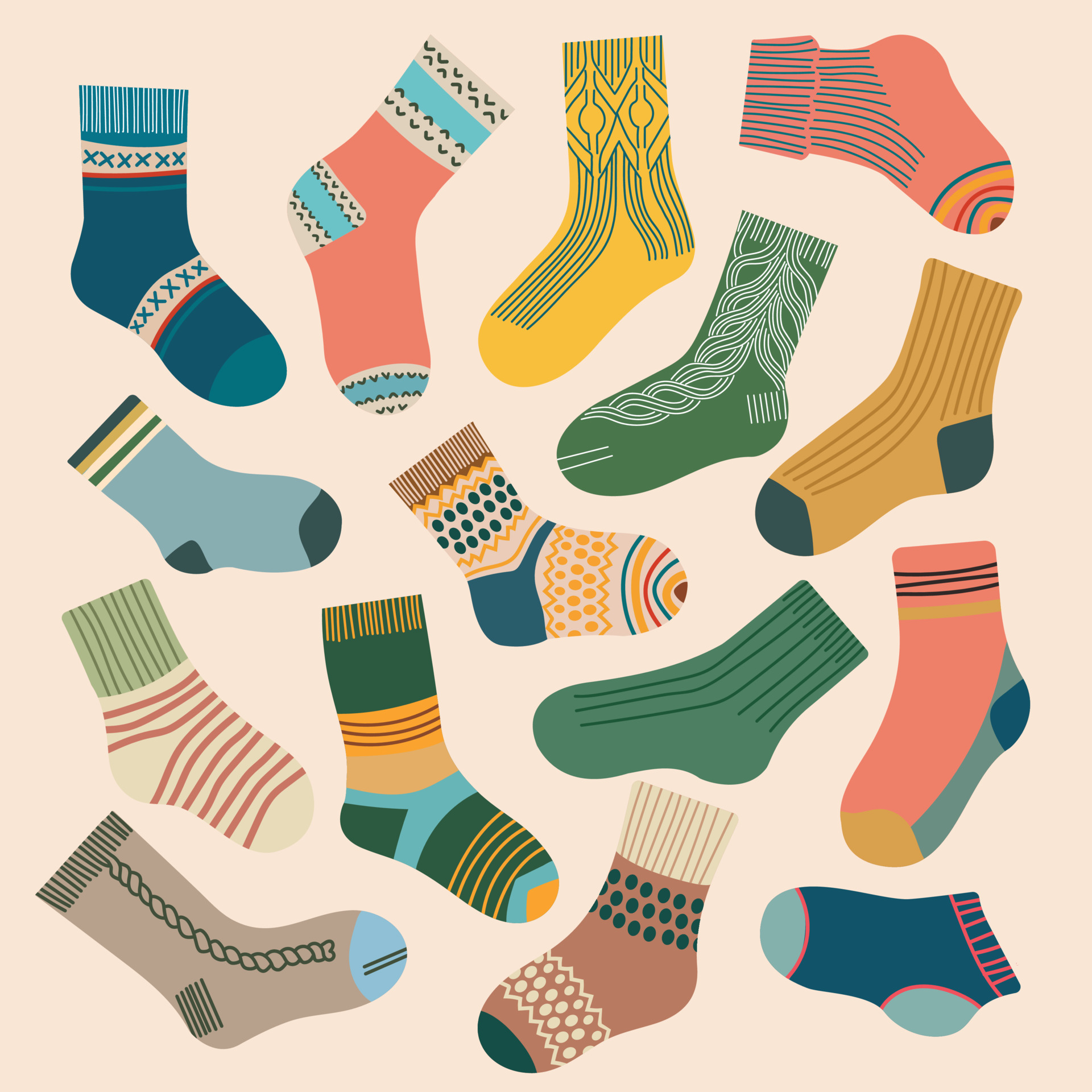 Socks set different colors and sizes knitted flat design vector