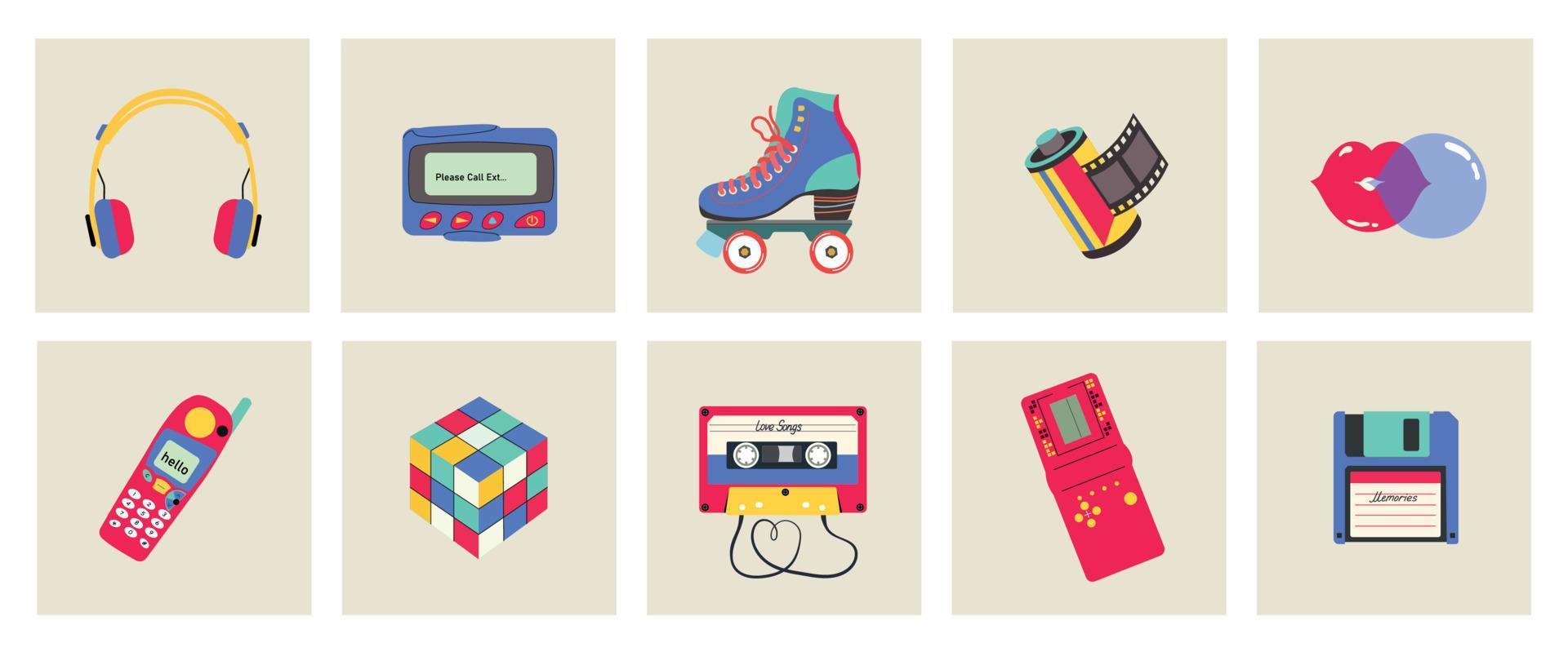 Classic 80s 90s elements in modern style, flat, line style. Hand drawn vector illustration- cube, lips, headphones, roller skates, cassette, phone, tetris, pager. Fashion patch, badge, emblem.