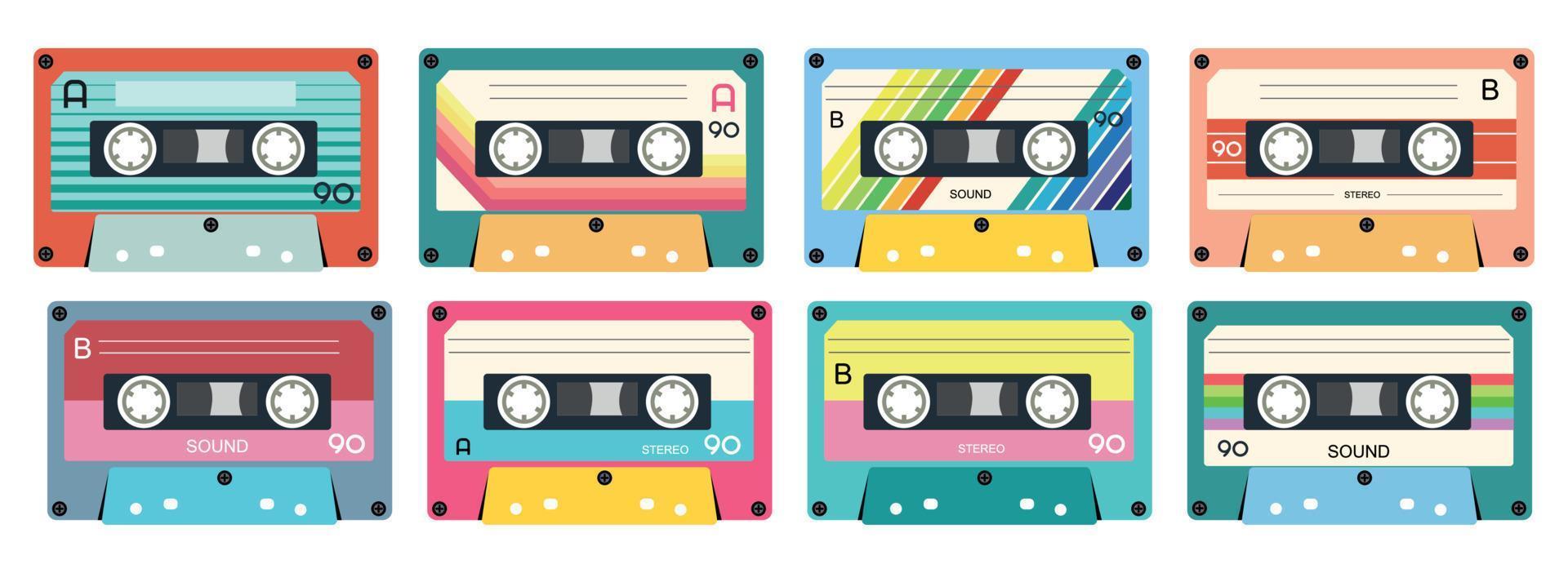 Retro music cassette. Stereo DJ tape, vintage 90s cassettes tapes and audio tape. antique radio play cassette, 1970s or 1980s rock music mix audiocassette. Isolated icons set vector