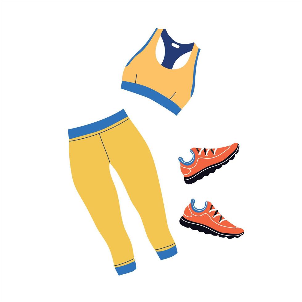 conjunto de De las mujeres ropa de deporte. ropa de deporte, corriendo zapatos, moda, plano bosquejo plantilla, aptitud física. vector
