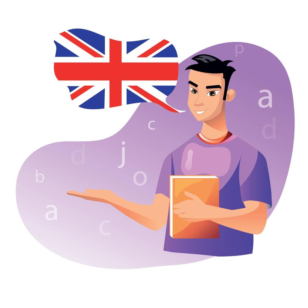 Vector illustration of English tutor.Online education, courses. Native speaker.English language. Dictionnaire. Dictionary. English school.Student.