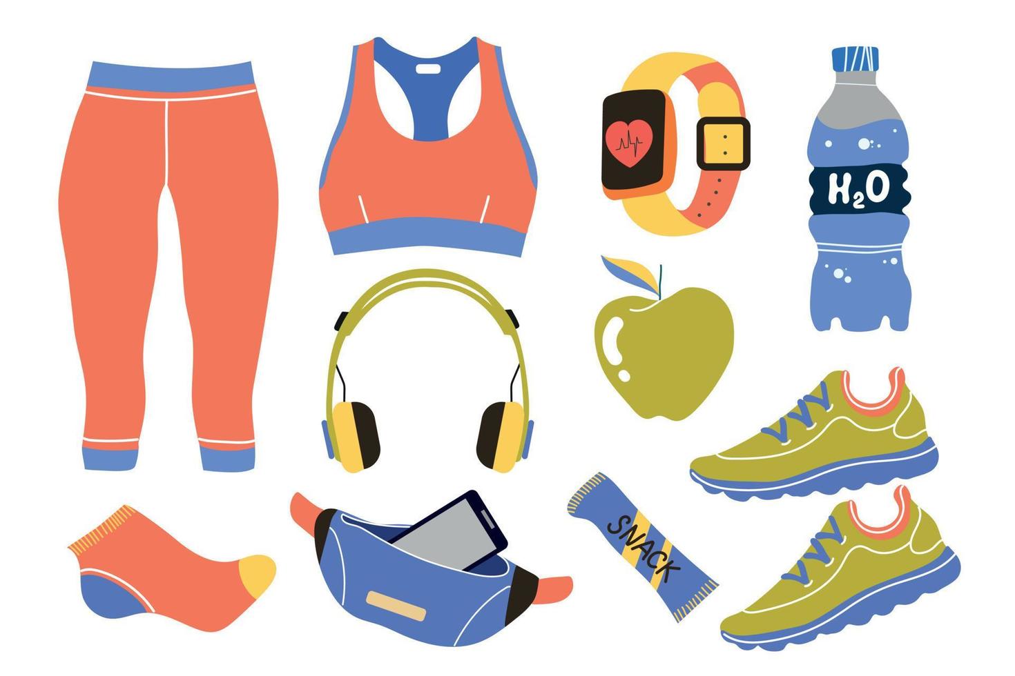 Running Gear For Women. Running Accessories for Female. Fitness Set. Sport Clothes, Sport Watch, Running Shoes vector