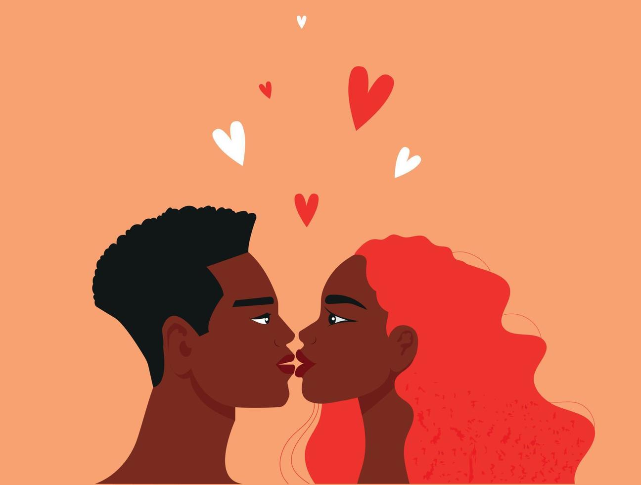 Romantic young African couple kissing. African American vector silhouettes of male and female faces. Black couple portraits for wedding romantic design. Human love.