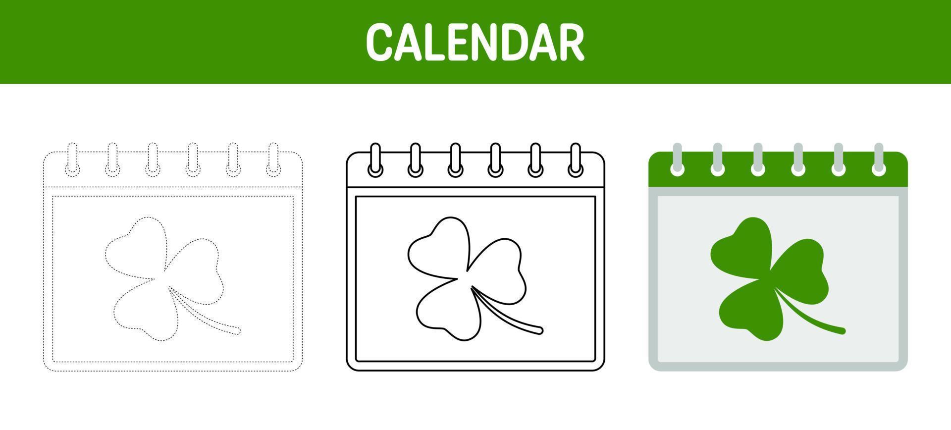 Calendar with Clover tracing and coloring worksheet for kids vector