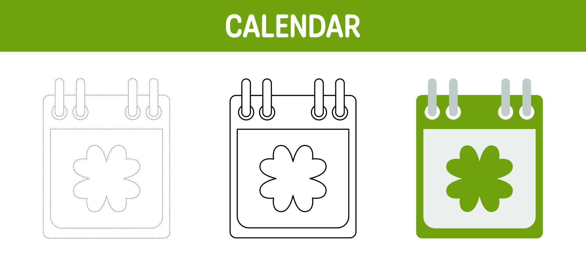 Calendar with Clover tracing and coloring worksheet for kids vector