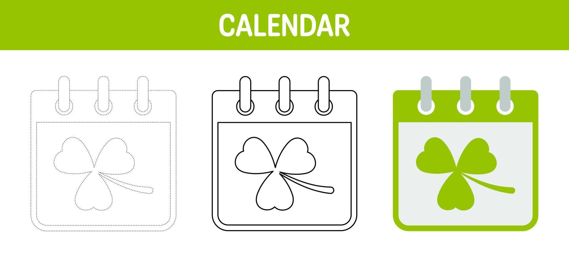 Calendar with Clover tracing and coloring worksheet for kids vector