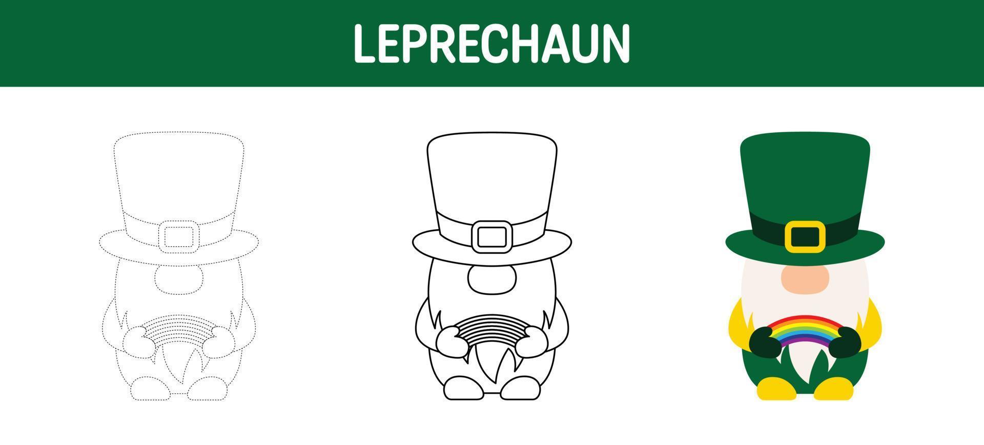 Leprechaun tracing and coloring worksheet for kids vector