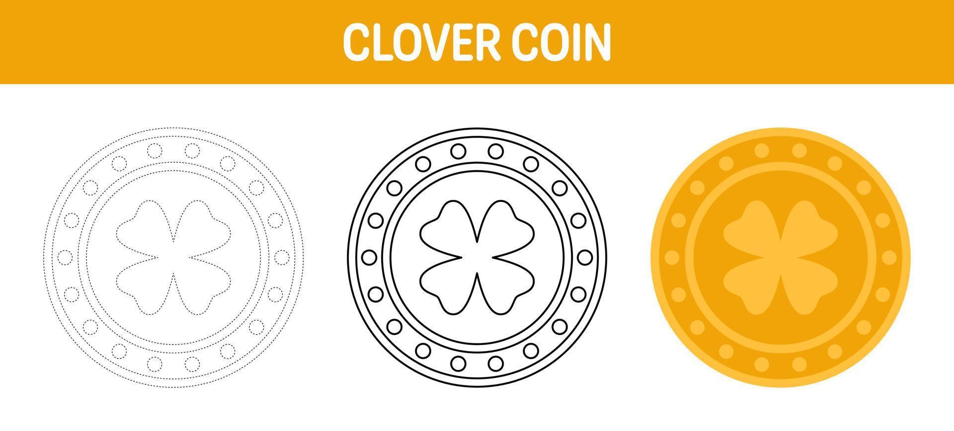 Clover Coin tracing and coloring worksheet for kids vector