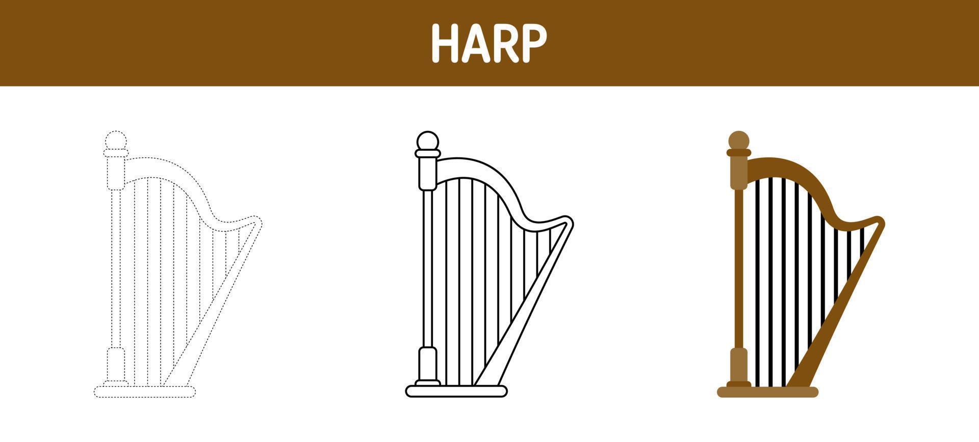 Harp tracing and coloring worksheet for kids vector