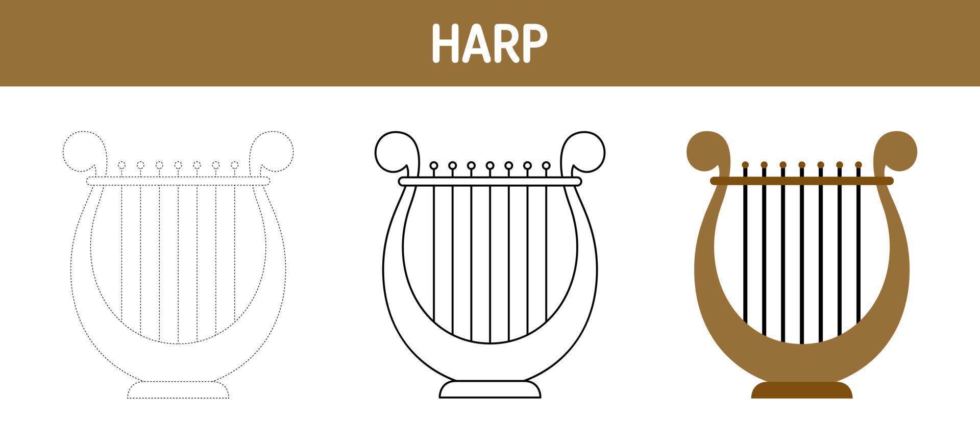 Harp tracing and coloring worksheet for kids vector