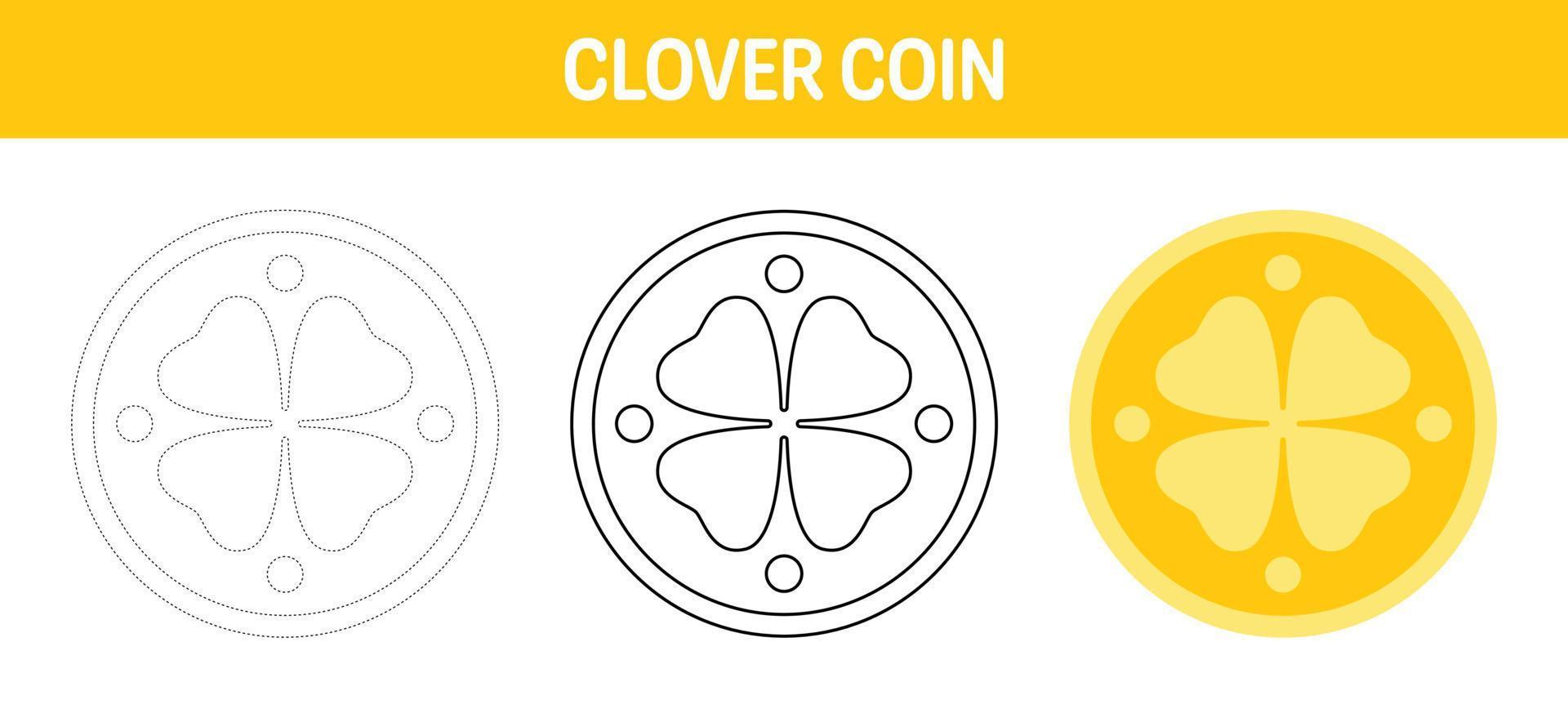 Clover Coin tracing and coloring worksheet for kids vector