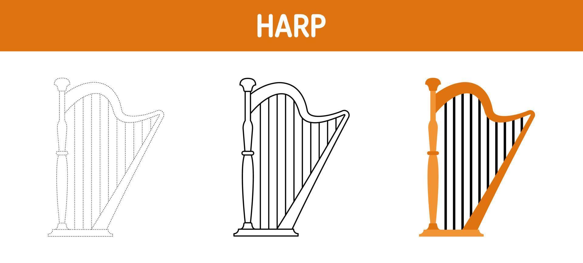 Harp tracing and coloring worksheet for kids vector