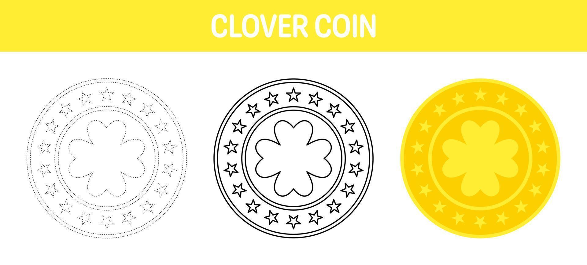 Clover Coin tracing and coloring worksheet for kids vector