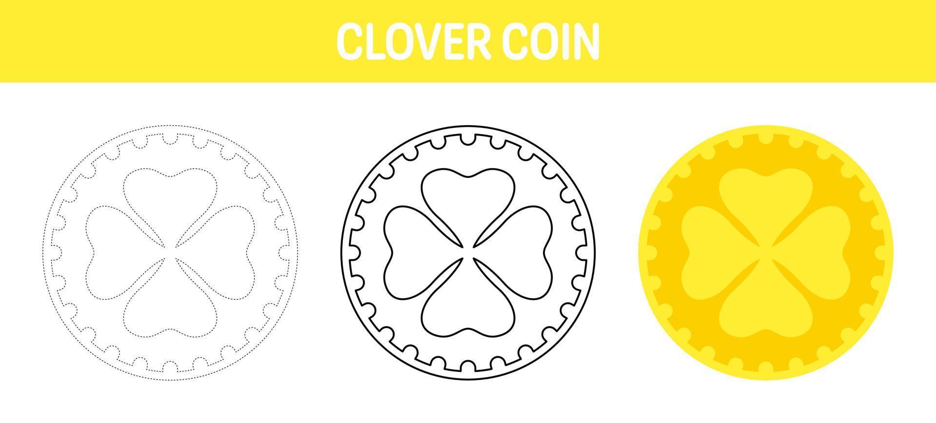 Clover Coin tracing and coloring worksheet for kids vector