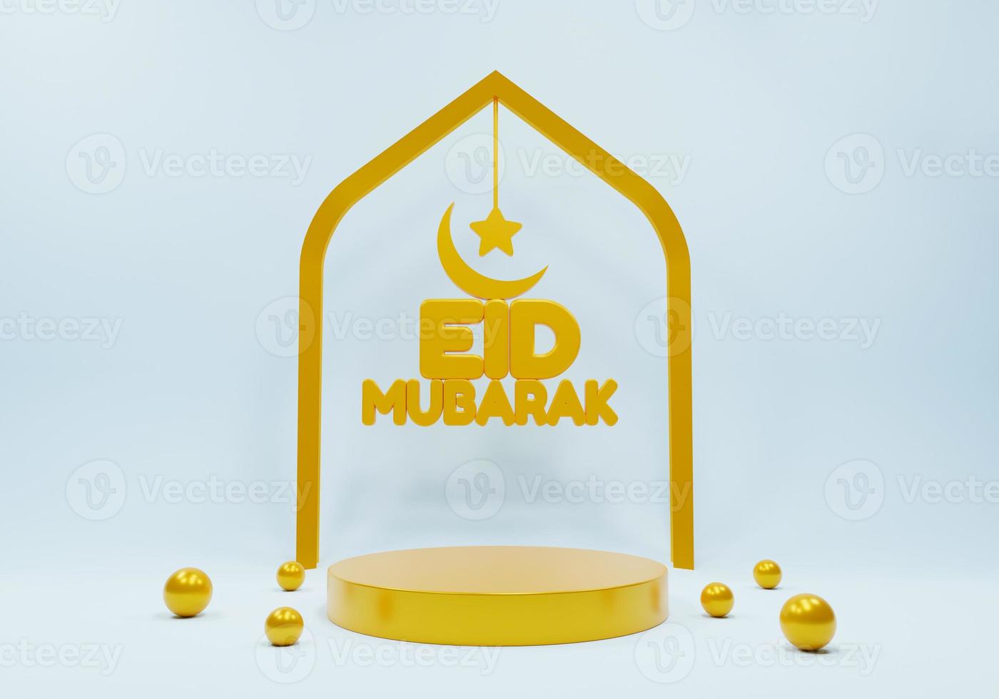 Eid Mubarak 3d modern style design with podium platform. Eid Mubarak Islamic holiday banner with Ramadan lantern and moon. Ramadan muslim decoration and background poster. Happy celebration of Eid. photo