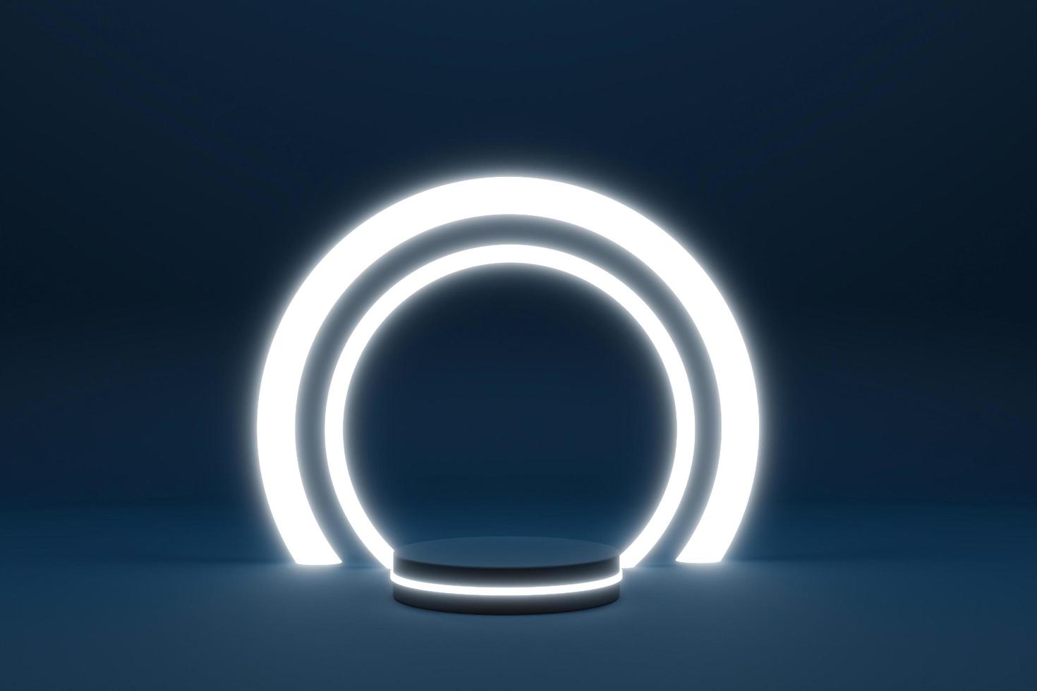 Empty podium with line gradient neon ring on background. 3d render. illustration with abstract scene with neon frame photo