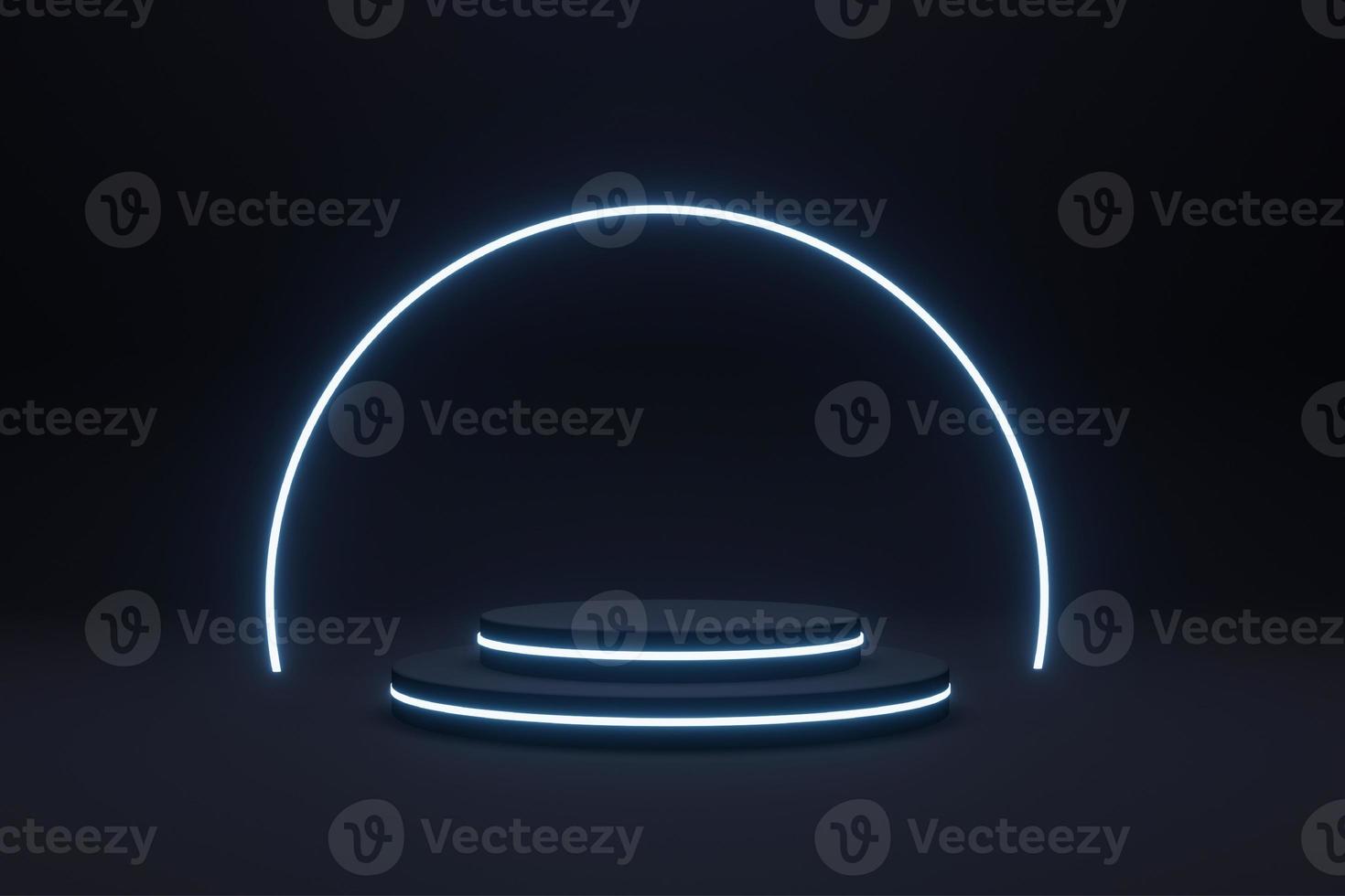 Empty podium with line gradient neon ring on background. 3d render. illustration with abstract scene with neon frame photo