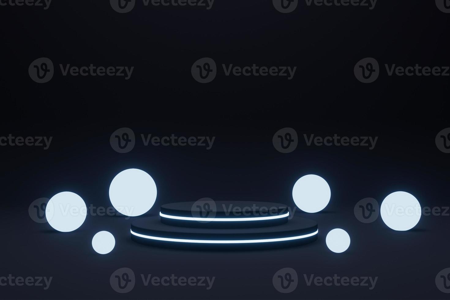 Cylinder podium with blue neon lights on ring background. Concept of design for product display. Layout horizontal, 3d render photo
