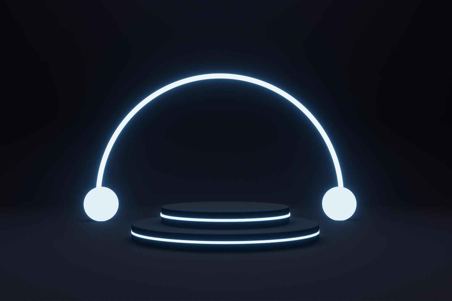 Empty podium with line gradient neon ring on background. 3d render. illustration with abstract scene with neon frame photo