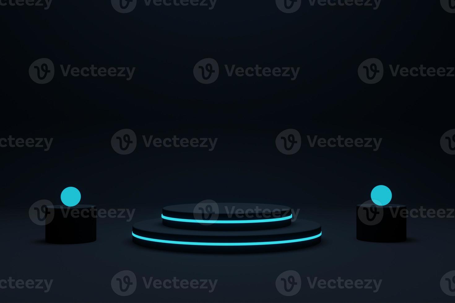 Cylinder podium with blue neon lights on ring background. Concept of design for product display. Layout horizontal, 3d render photo
