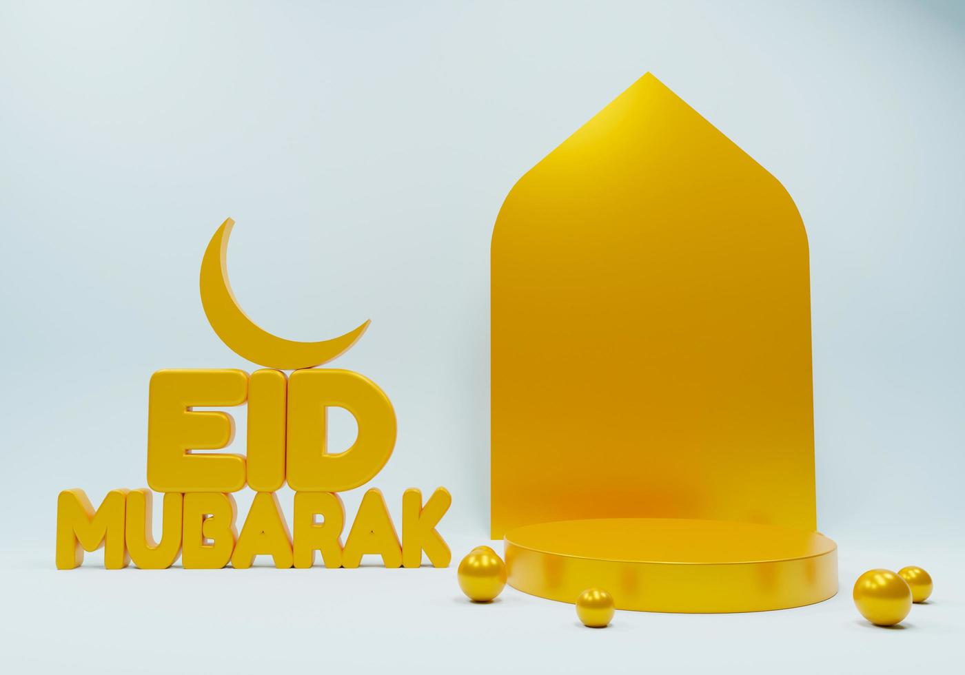Eid Mubarak 3d modern style design with podium platform. Eid Mubarak Islamic holiday banner with Ramadan lantern and moon. Ramadan muslim decoration and background poster. Happy celebration of Eid. photo