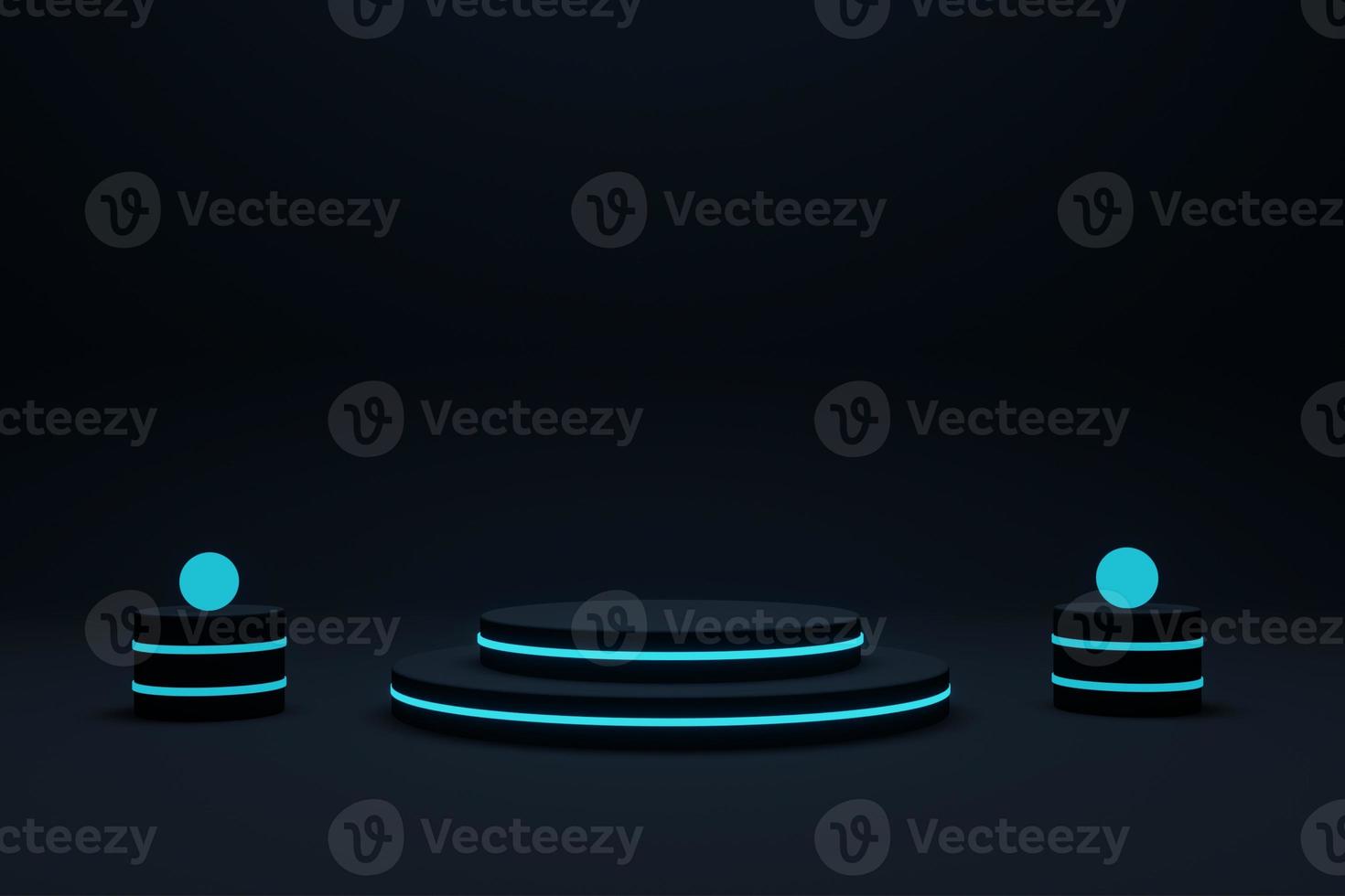 Cylinder podium with blue neon lights on ring background. Concept of design for product display. Layout horizontal, 3d render photo