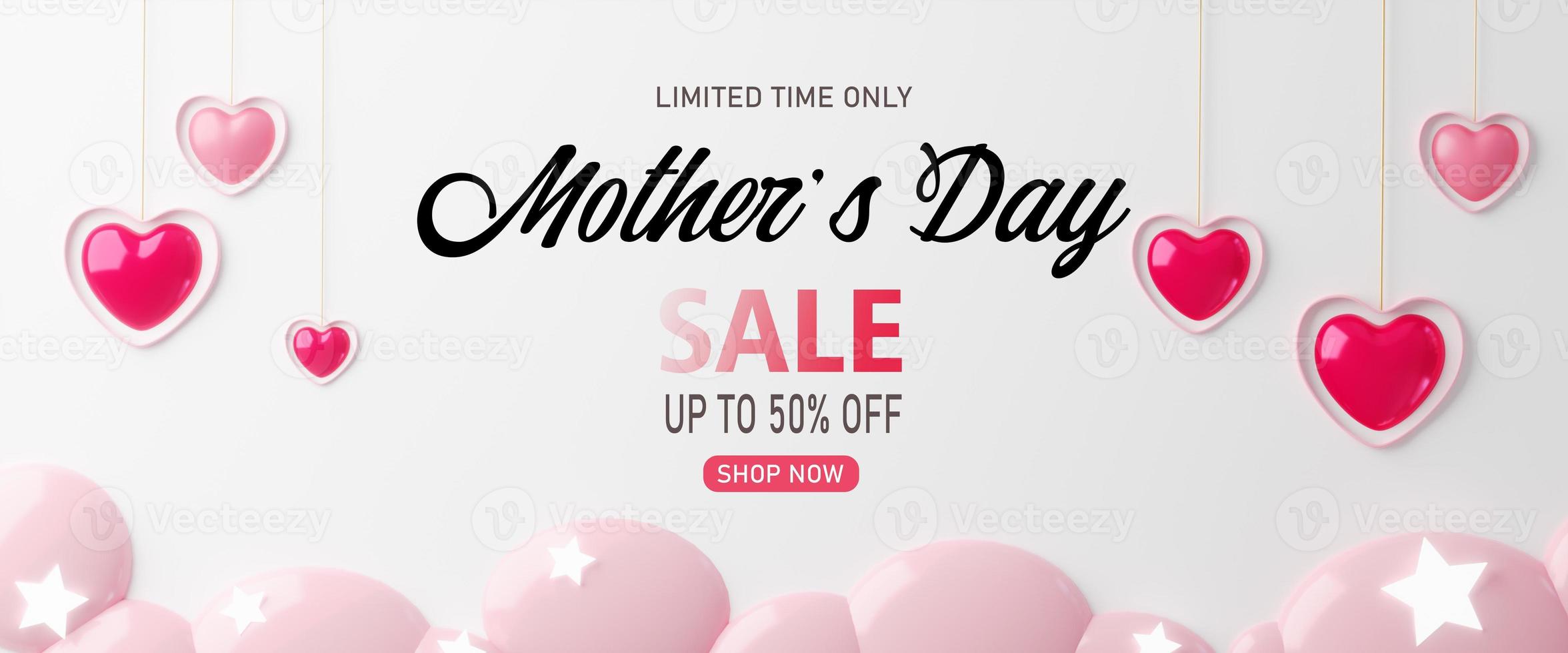 3d rendering.Mother's day sale banner with heart shaped balloons. Holiday illustration banner. for mother day design photo