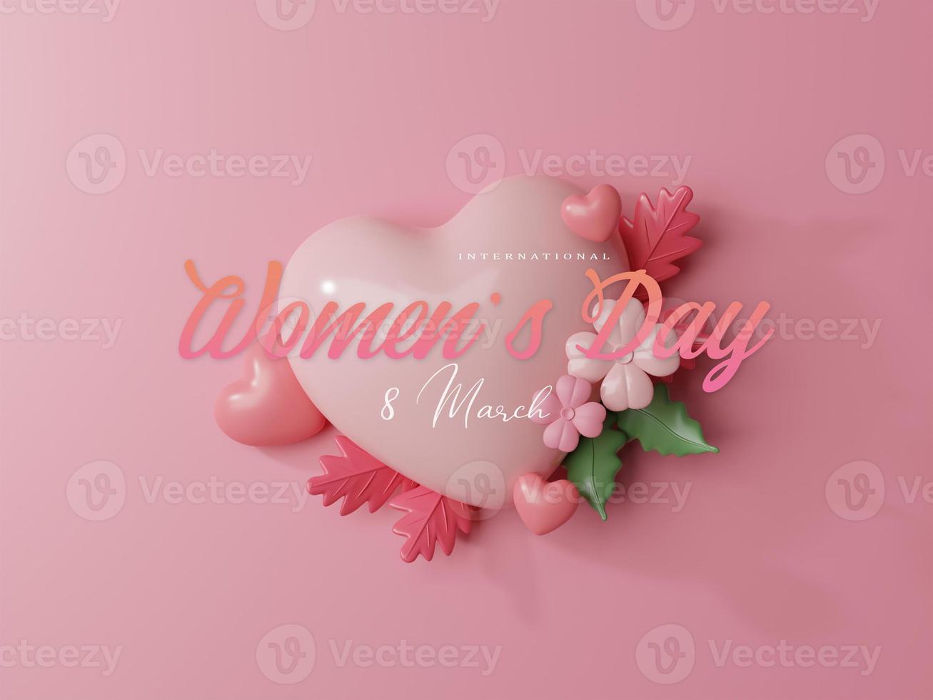 3d Rendering. Women's day design. Womens day greeting text with flowers background for woman international celebration. photo