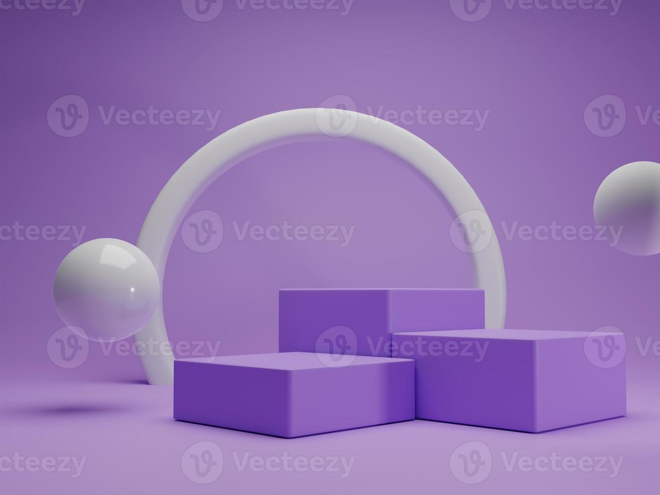 3D rendering purple minimal cube pedestal or podium for product showcase display with floating sphere. 3D mockup illustration photo