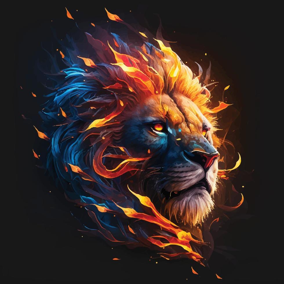 Lion face watercolor colorful vector illustration, Artistic, neon color, abstract portrait of a lion face on a dark blue background with watercolor.