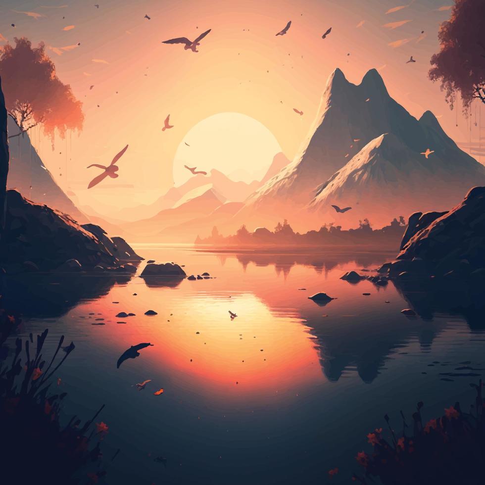 Sunrise illustration vector, hill, river, tree, birds and light vector