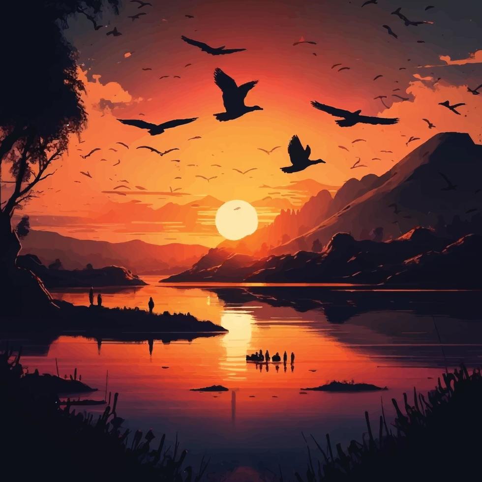 Sunset illustration vector, hill, river, tree, birds and light vector