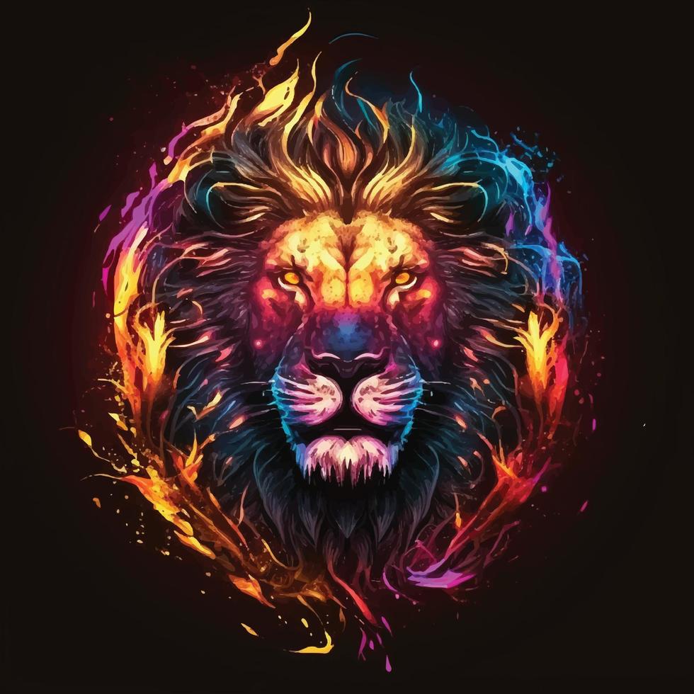 Lion face watercolor colorful vector illustration, Artistic, neon color, abstract portrait of a lion face on a dark blue background with watercolor.