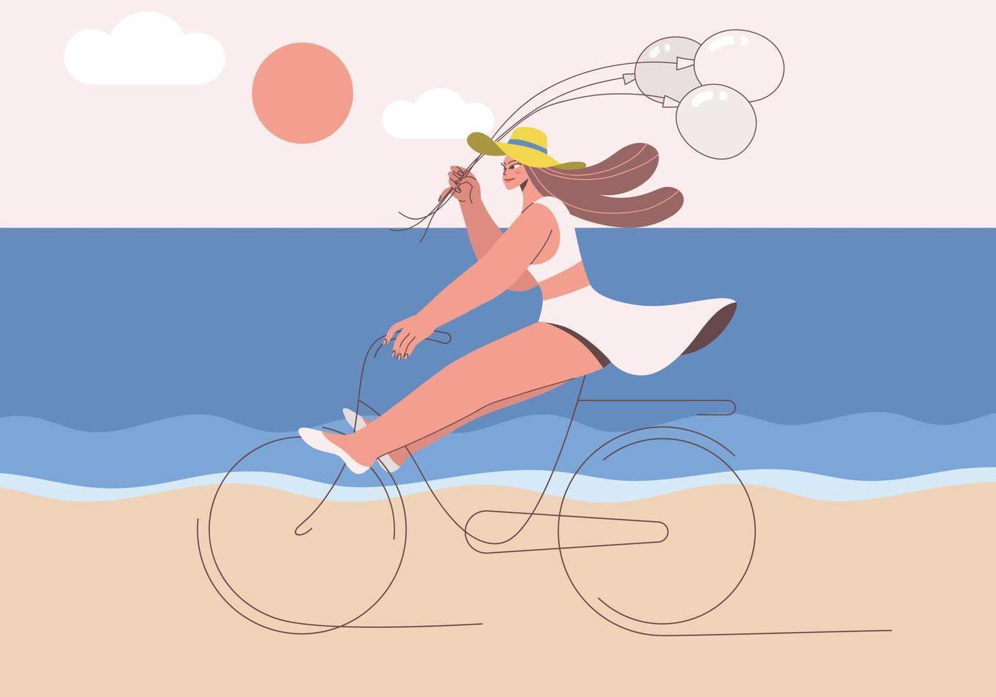 Woman wearing white swimsuit on bike with holding balloon in the beach vector