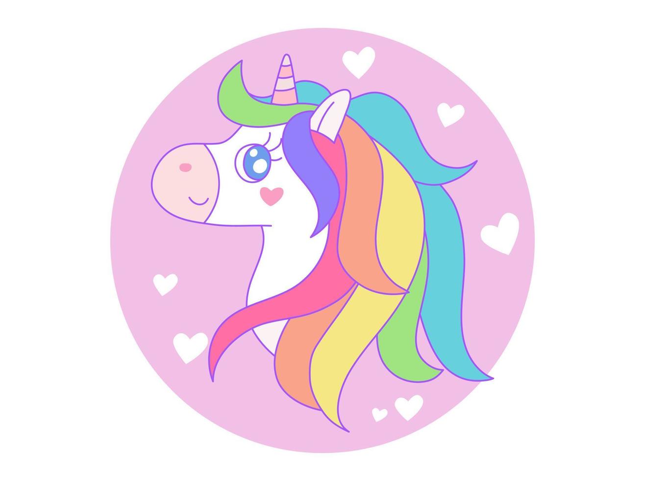 Head of cute rainbow unicorn on pink circle with heart and white background vector