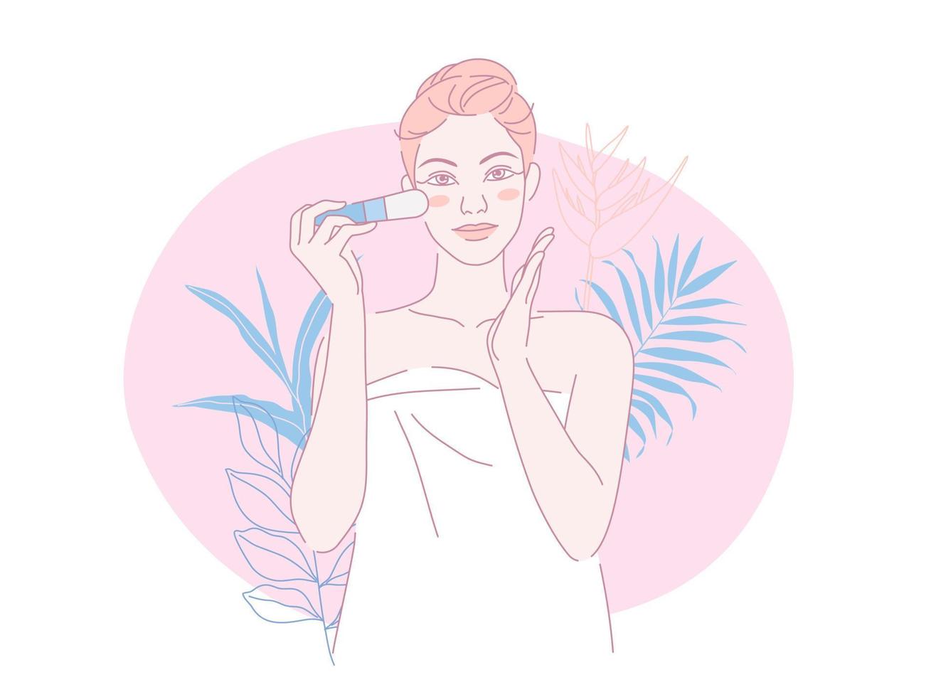 Woman at home with a towel on her doing makeup organic cosmetic, with leaves and flower, Beauty body care concept vector