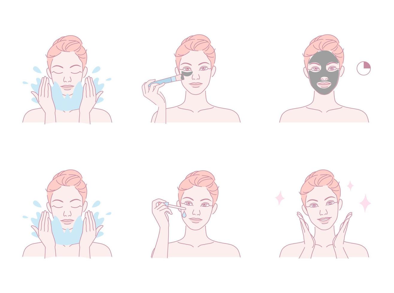 Beautiful young woman take skin care about her face procedure at home, Linear logo minimalist style vector