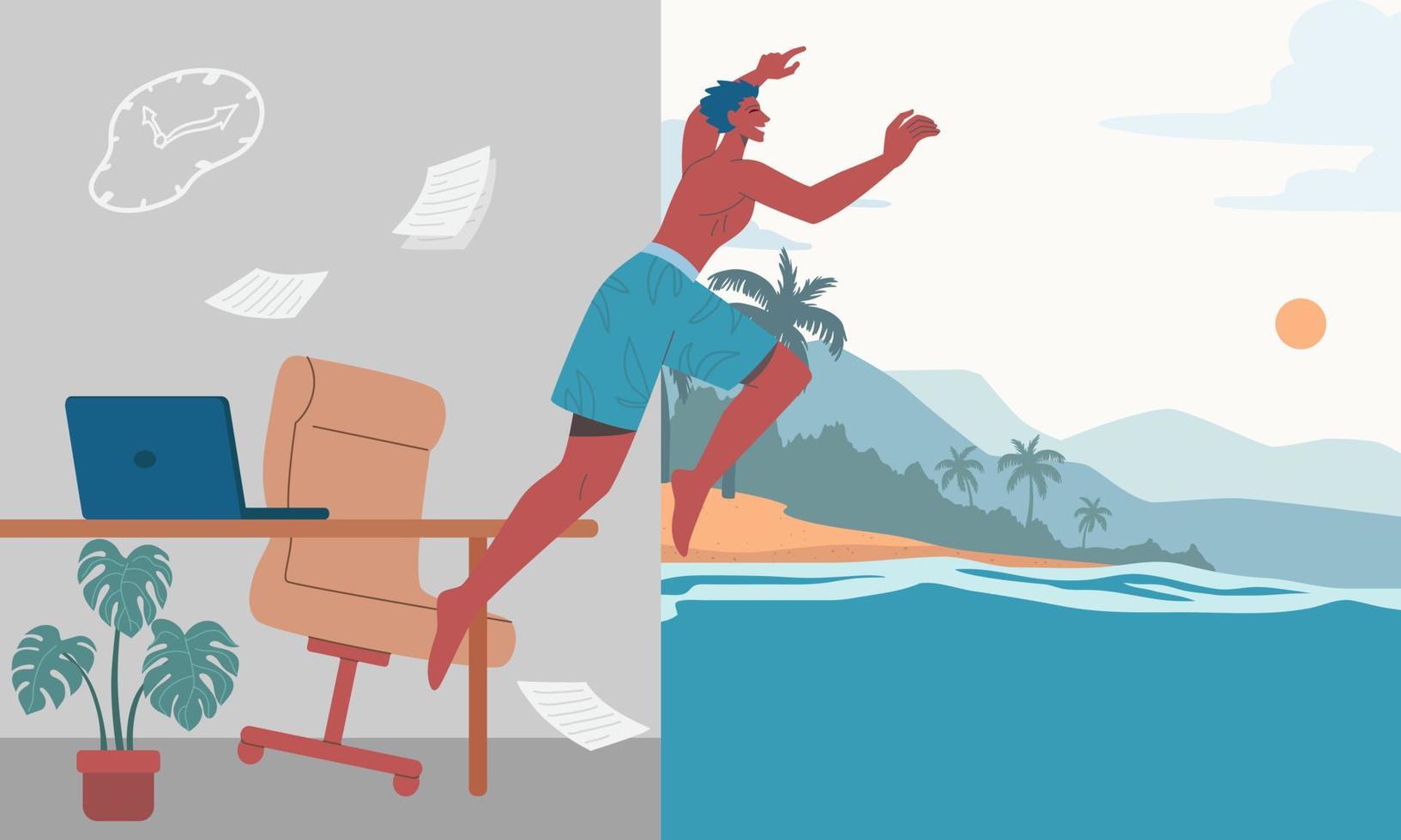 Let the summer begin. Young man jumped from his office into the sea, Summer beach background vector