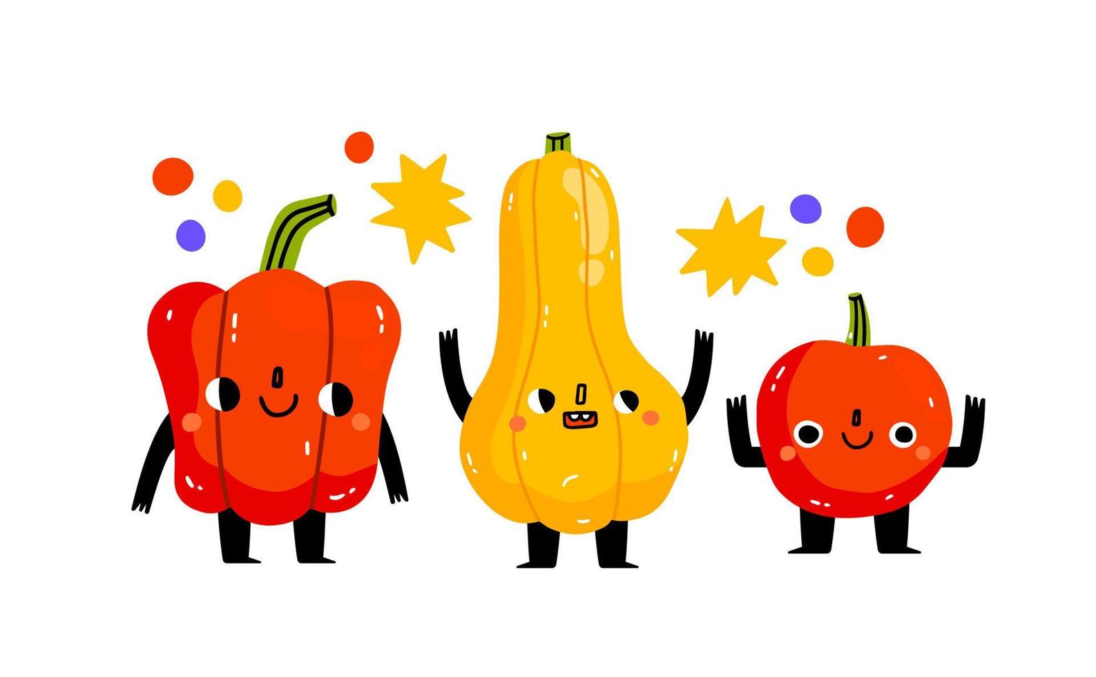 Three cute vegetables are having fun. Pumpkin, tomato, pepper.Cute vegetable character with funny kawaii face. Hand drawn cartoon cute illustration for stickers, posters, wall art. Summer print vector