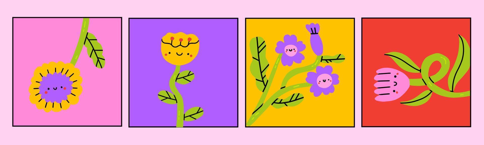 Abstract simple Plants and Flowers with eyes. Hand drawn colored Vector Set. Floral design, Naive art, Infantile Style Art. Colorful trendy illustration. Pre-made cards or prints