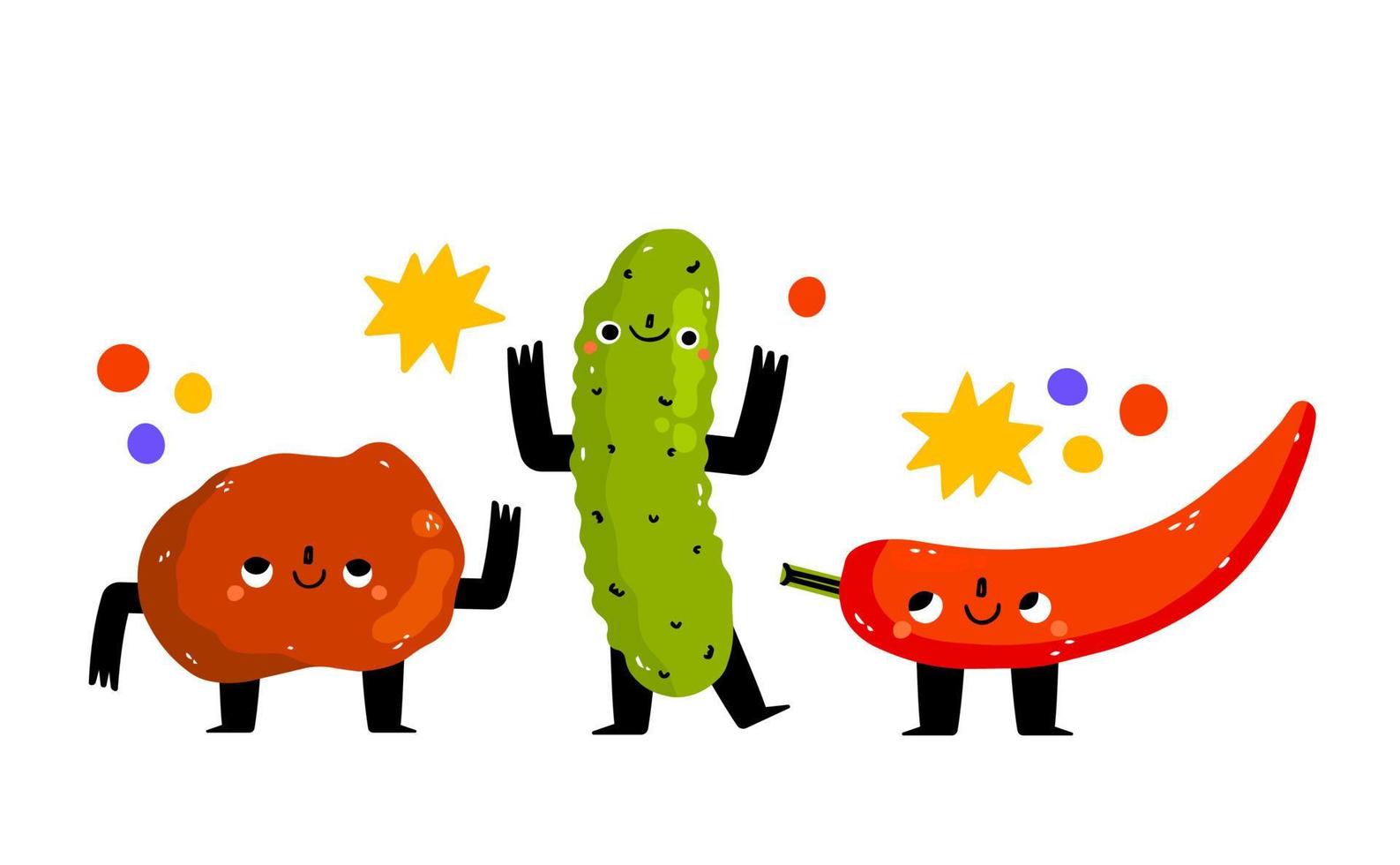 Three cute vegetables are having fun. Pepper, cucumber and potato. Cute vegetable character with funny kawaii face. Hand drawn cartoon cute illustration for stickers, posters, wall art. Summer print vector