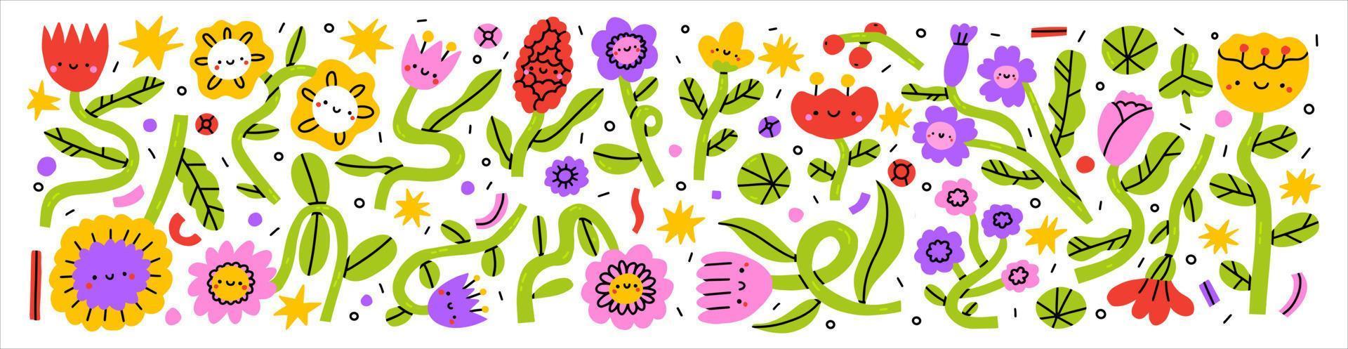 Cute funny kawaii smile face flowers set collection.Vector cartoon kawaii character illustration design. Positive smile face,garden bundle set concept. Funny happy daisy with eyes and smile. vector