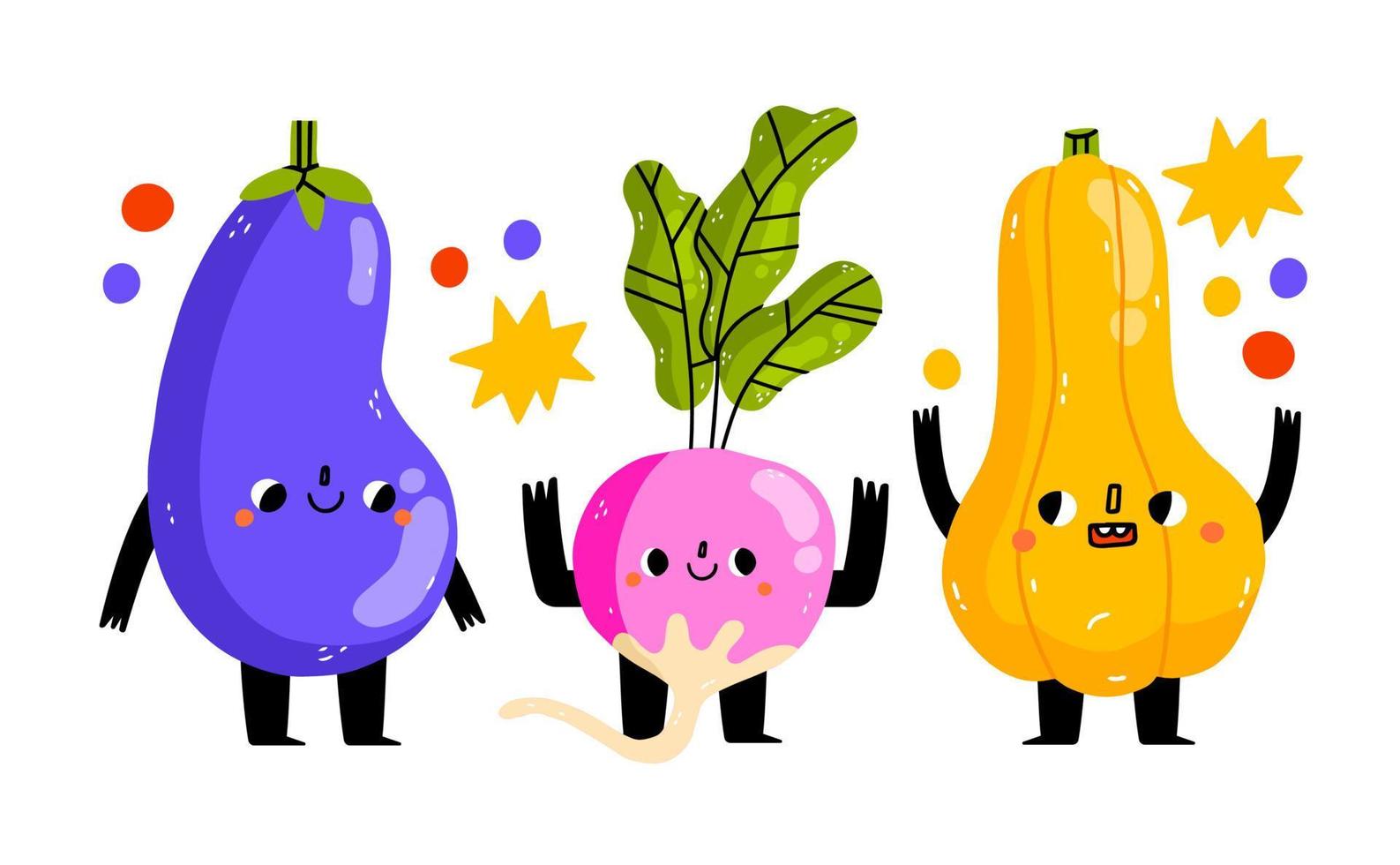 Three cute vegetables are having fun. Eggplant, radish and pumpkin. Cute vegetable character with funny kawaii face. Hand drawn cartoon cute illustration for stickers, posters, wall art. Summer print vector