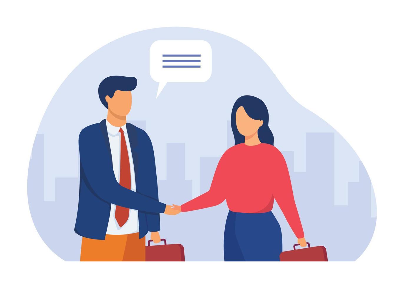 Man and woman shaking hand. Business partners saying hello or closing deal. Hiring and cooperation concept. Vector illustration. Basic RGB