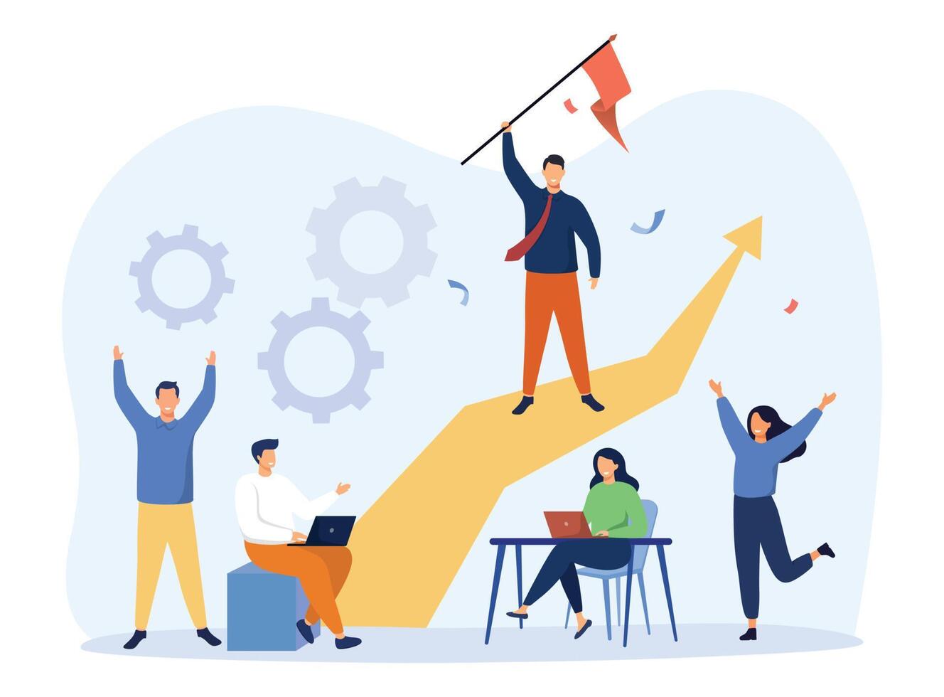 Leadership, victory and challenge concept. Business leader standing on arrow and holding flag flat vector illustration. People training and doing business plan. Vector illustration.